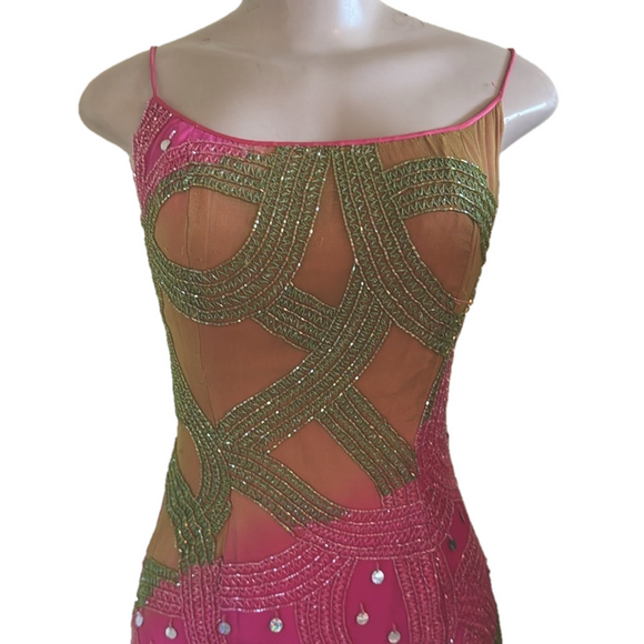 Neon Pink/Green Prom Dress Long Beaded Dress - Picture 2 of 15